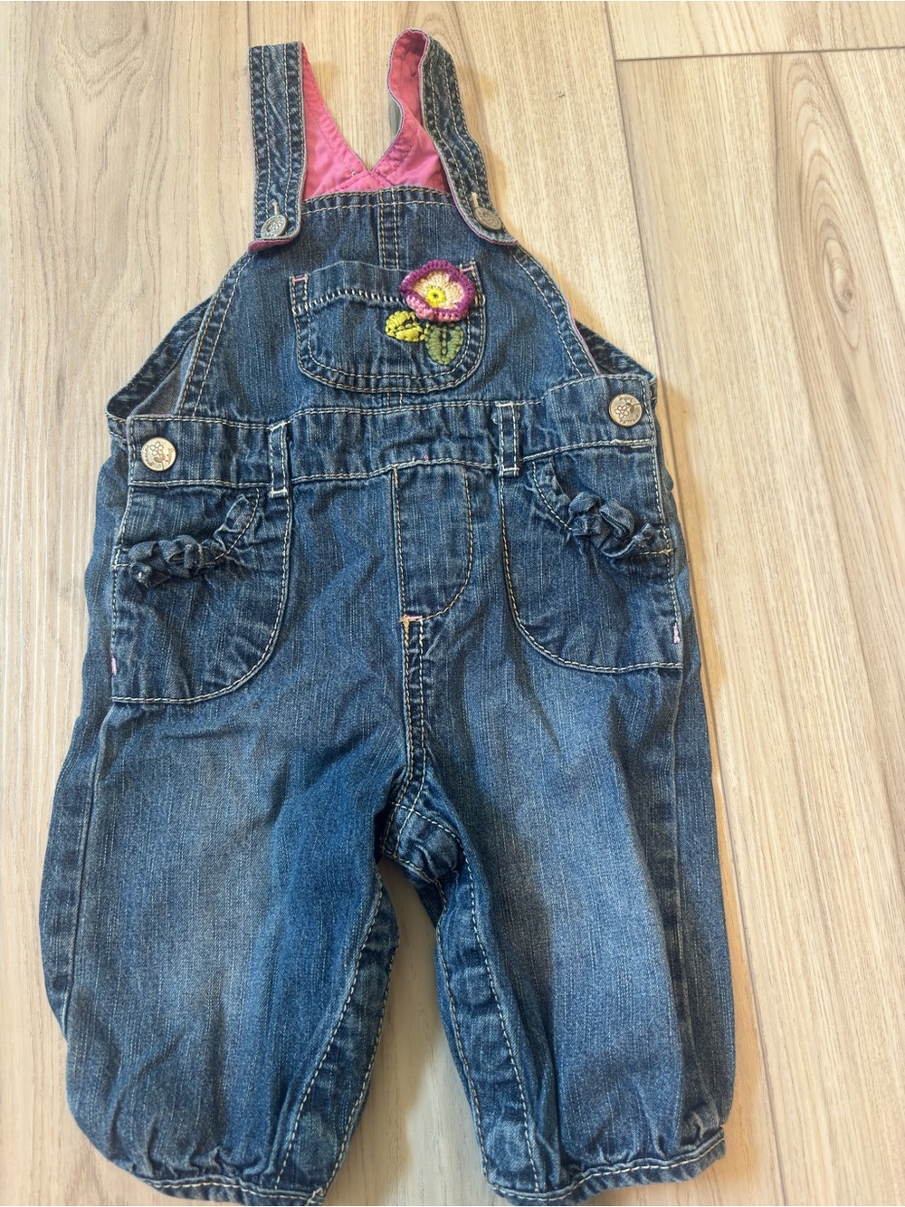 Blue Denim Baby Girls Floral Applique Overalls with Pink Trim